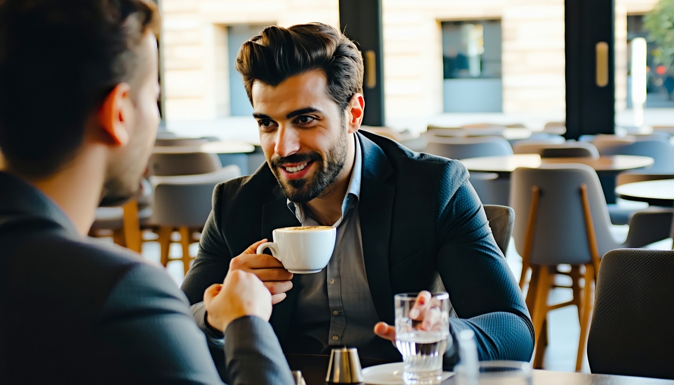 Santiago Lopez Guiazu having a coffee with somebody else in a business setting but relaxed