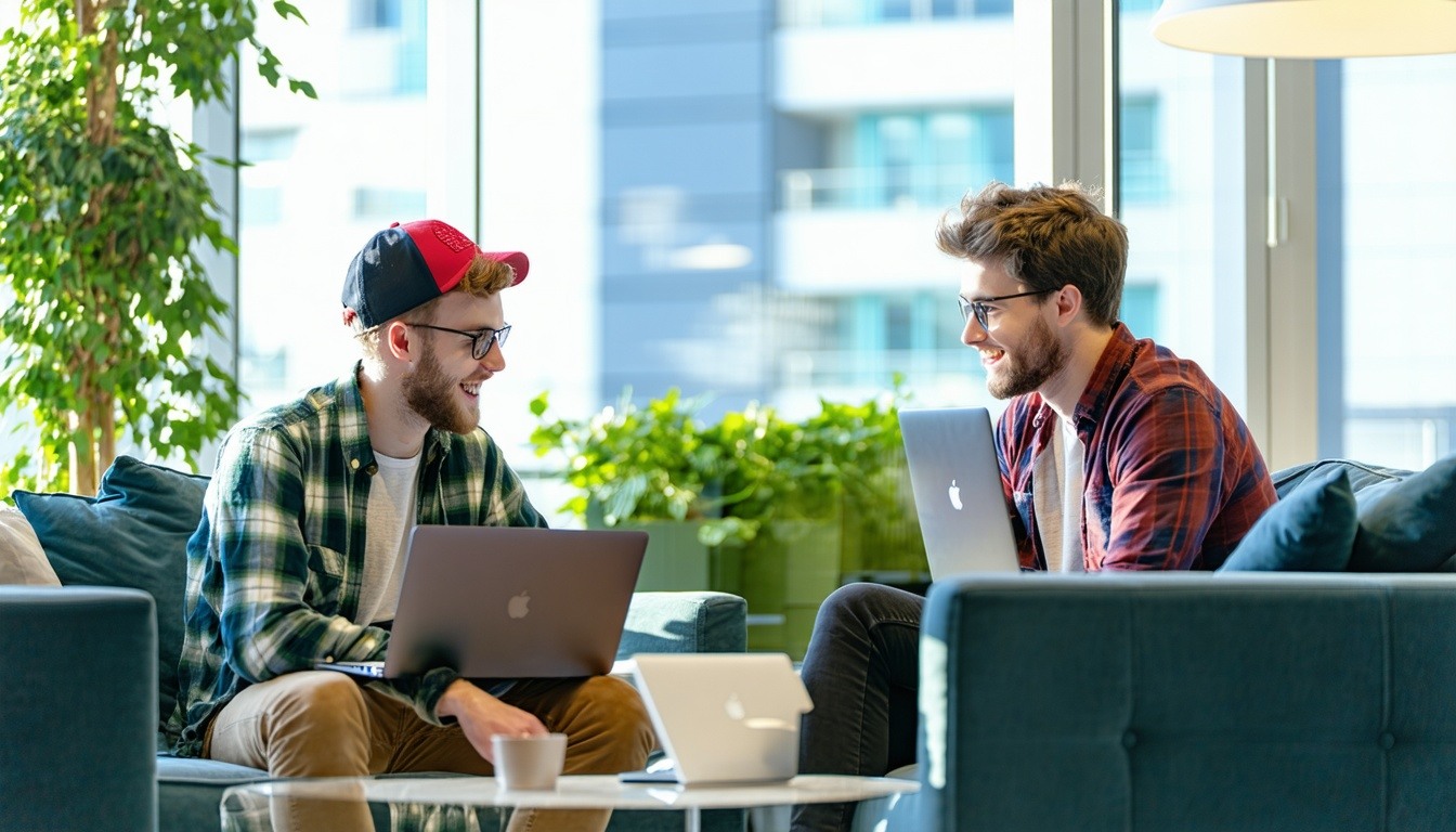 Two software developers having a conversation in the lounge area in the office